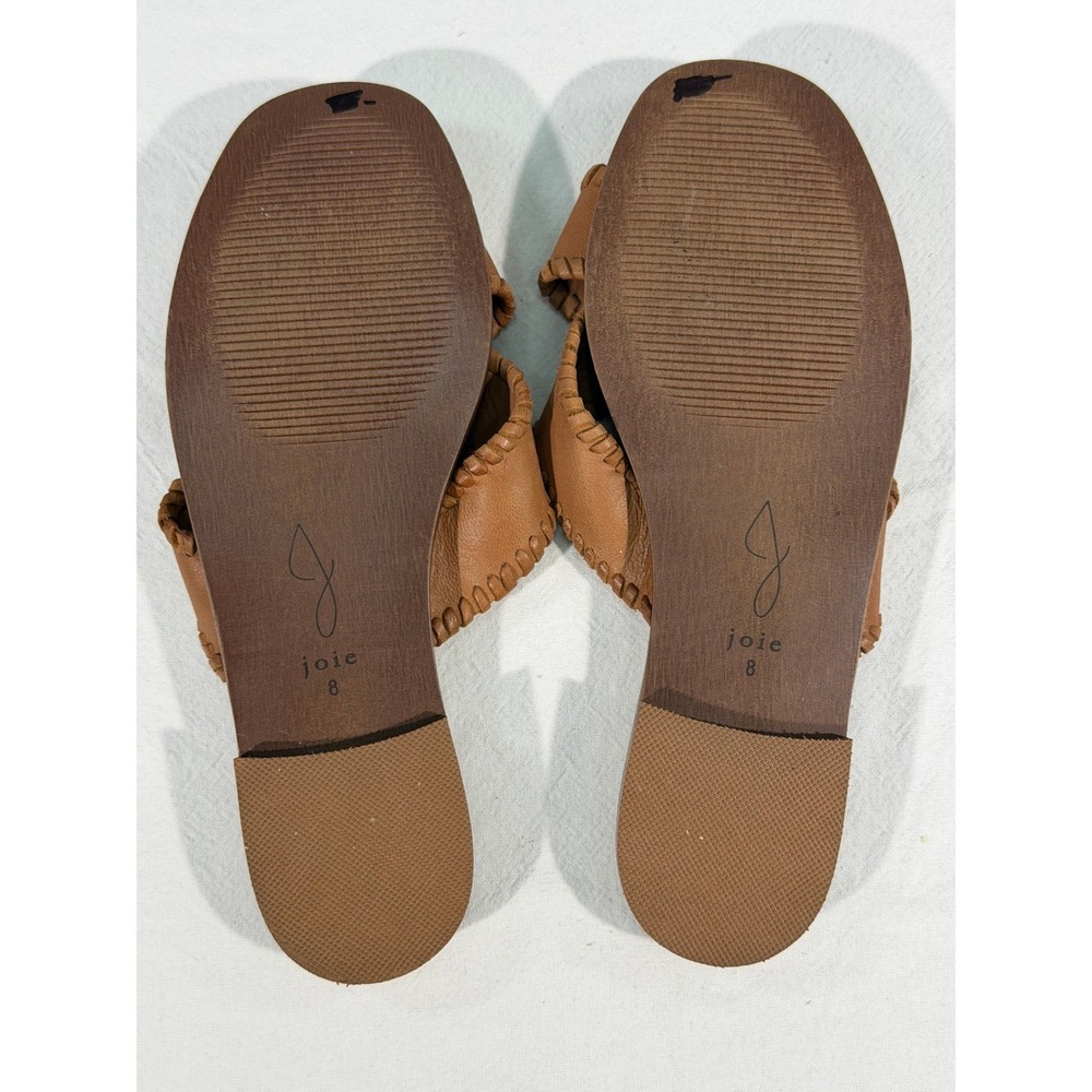 Joie Tan Leather Slide Sandals Womens 8 Cognac Whipstitch Flat Mules - Picture 3 of 8
